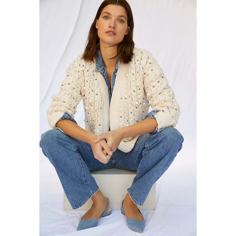 Anthropologie Maeve Embellished Cardigan One Size Cream Pearls - Picture 14 of 14